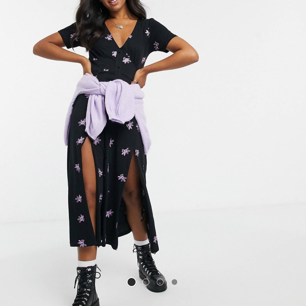 ASOS DESIGN black split midi dress with purple flower embroidery